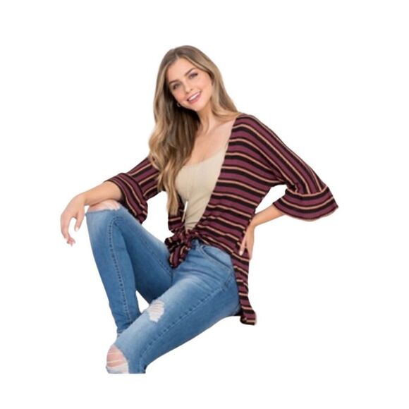Miley +Molly Multi Stripe Bell Sleeve Tie Front Top S/M/L - Picture 2 of 9